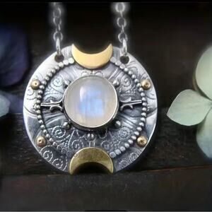 Inlaid Moonstone Pendant Necklace Bohemian Sun Moon Runes Celestial